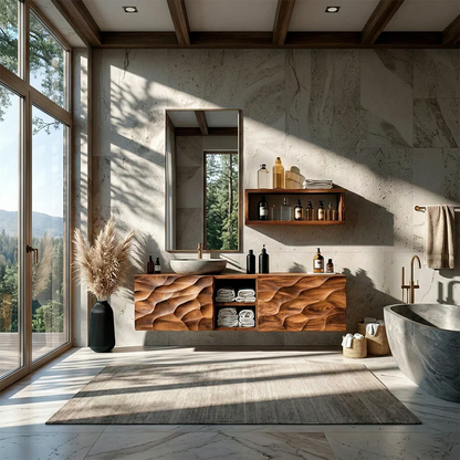 Floating Solid Wood Bathroom Vanity – Hand Carved Sculptural Front Cabinet - Rustirawood