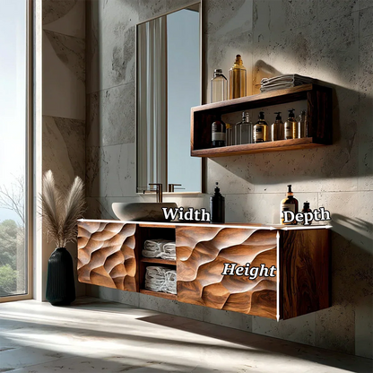 Floating Solid Wood Bathroom Vanity – Hand Carved Sculptural Front Cabinet - Rustirawood
