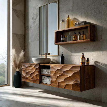 Floating Solid Wood Bathroom Vanity – Hand Carved Sculptural Front Cabinet - Rustirawood