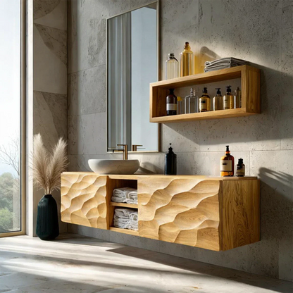 Floating Solid Wood Bathroom Vanity – Hand Carved Sculptural Front Cabinet - Rustirawood