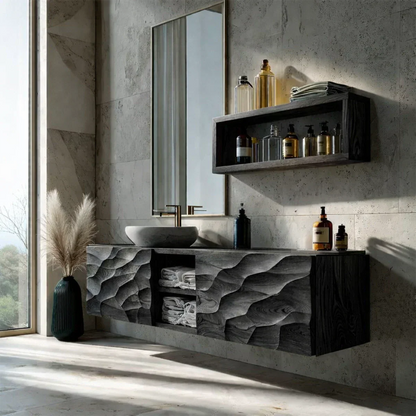 Floating Solid Wood Bathroom Vanity – Hand Carved Sculptural Front Cabinet - Rustirawood