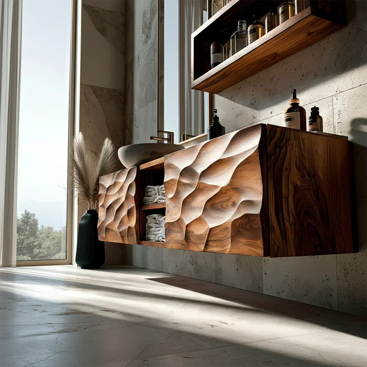 Floating Solid Wood Bathroom Vanity – Hand Carved Sculptural Front Cabinet - Woodenecho