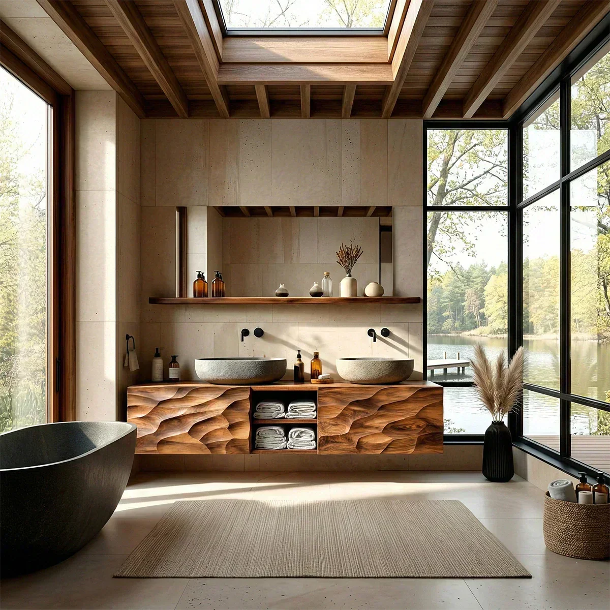Floating Solid Wood Bathroom Vanity – Hand Carved Sculptural Front Cabinet - Woodenecho