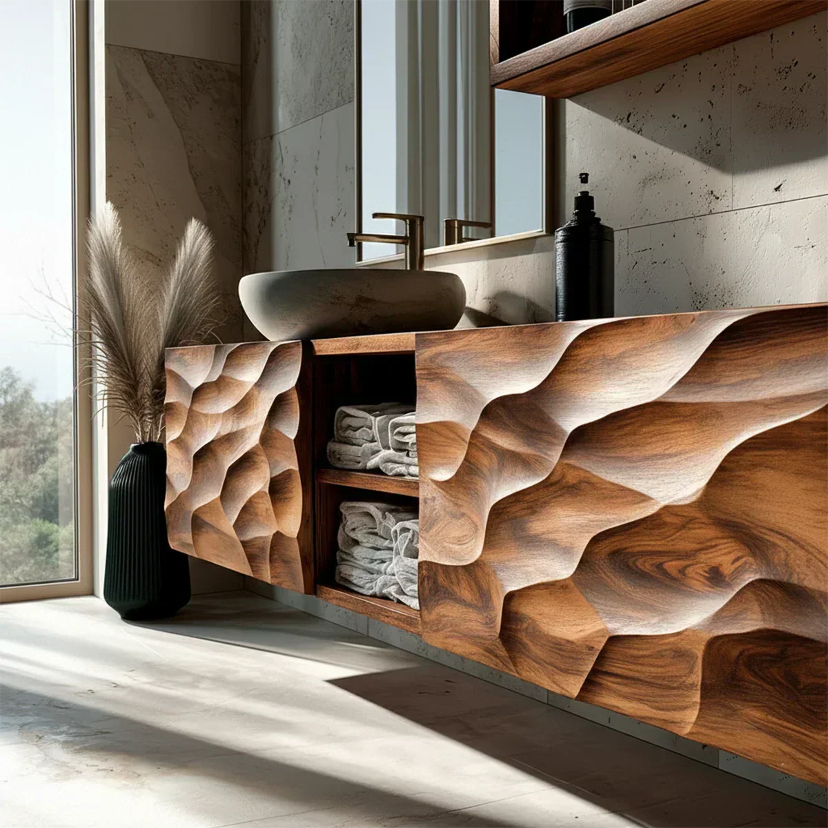 Floating Solid Wood Bathroom Vanity – Hand Carved Sculptural Front Cabinet - Woodenecho