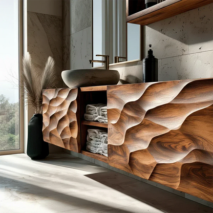 Floating Solid Wood Bathroom Vanity – Hand Carved Sculptural Front Cabinet - Woodenecho