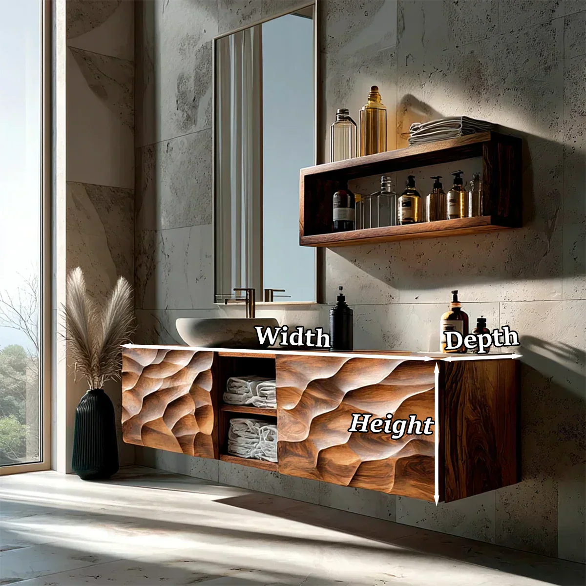 Floating Solid Wood Bathroom Vanity – Hand Carved Sculptural Front Cabinet - Woodenecho