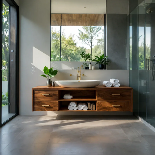 Floating Solid Wood Bathroom Vanity – Modern Vanity with Drawers and Open Shelf - Rustirawood