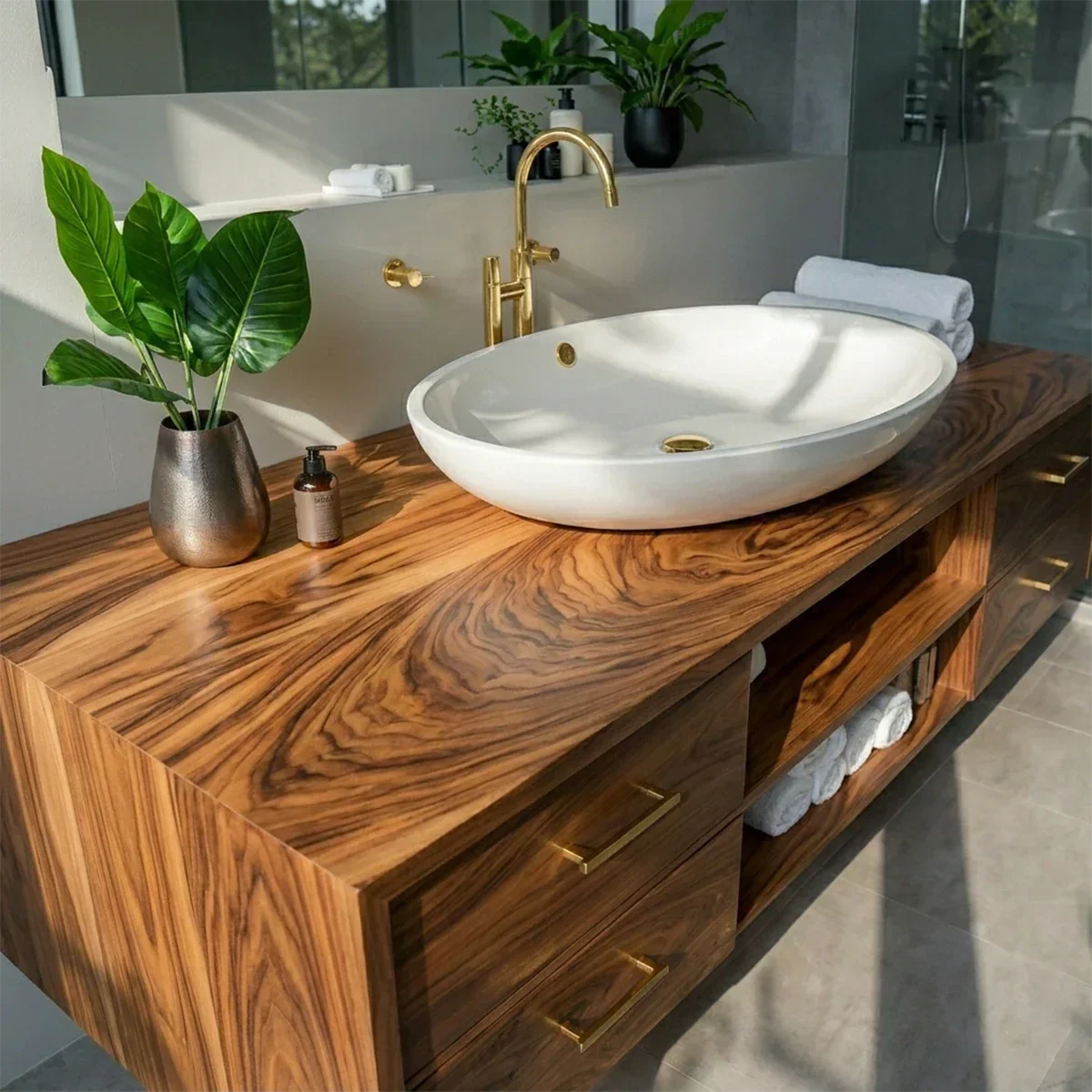 Floating Solid Wood Bathroom Vanity – Modern Vanity with Drawers and Open Shelf - Rustirawood