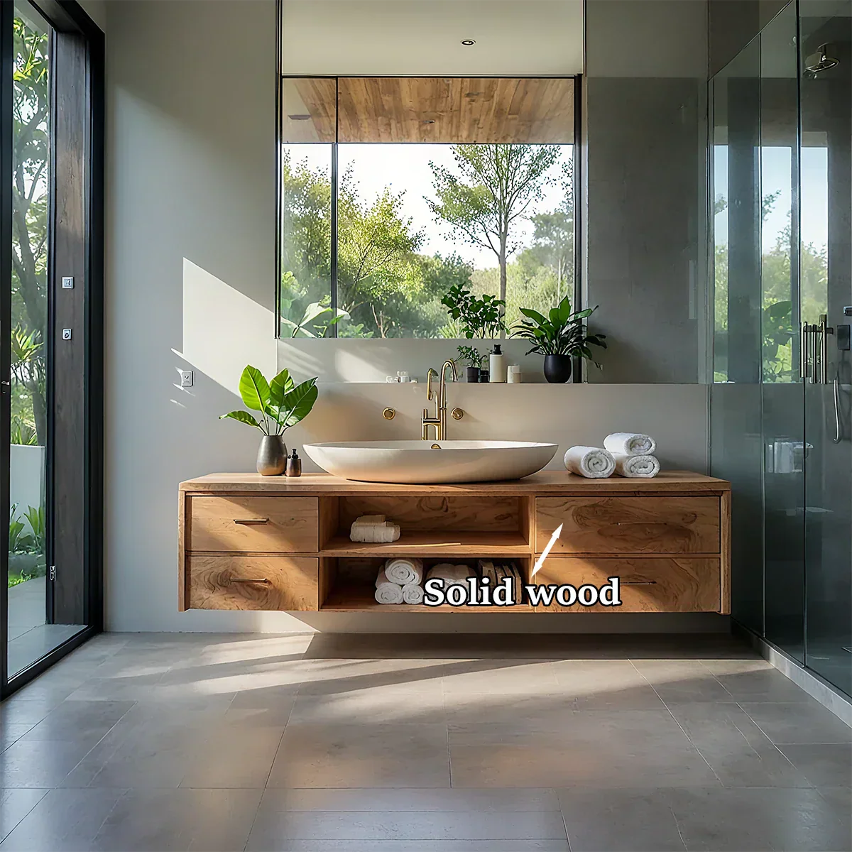 Floating Solid Wood Bathroom Vanity – Modern Vanity with Drawers and Open Shelf - Rustirawood