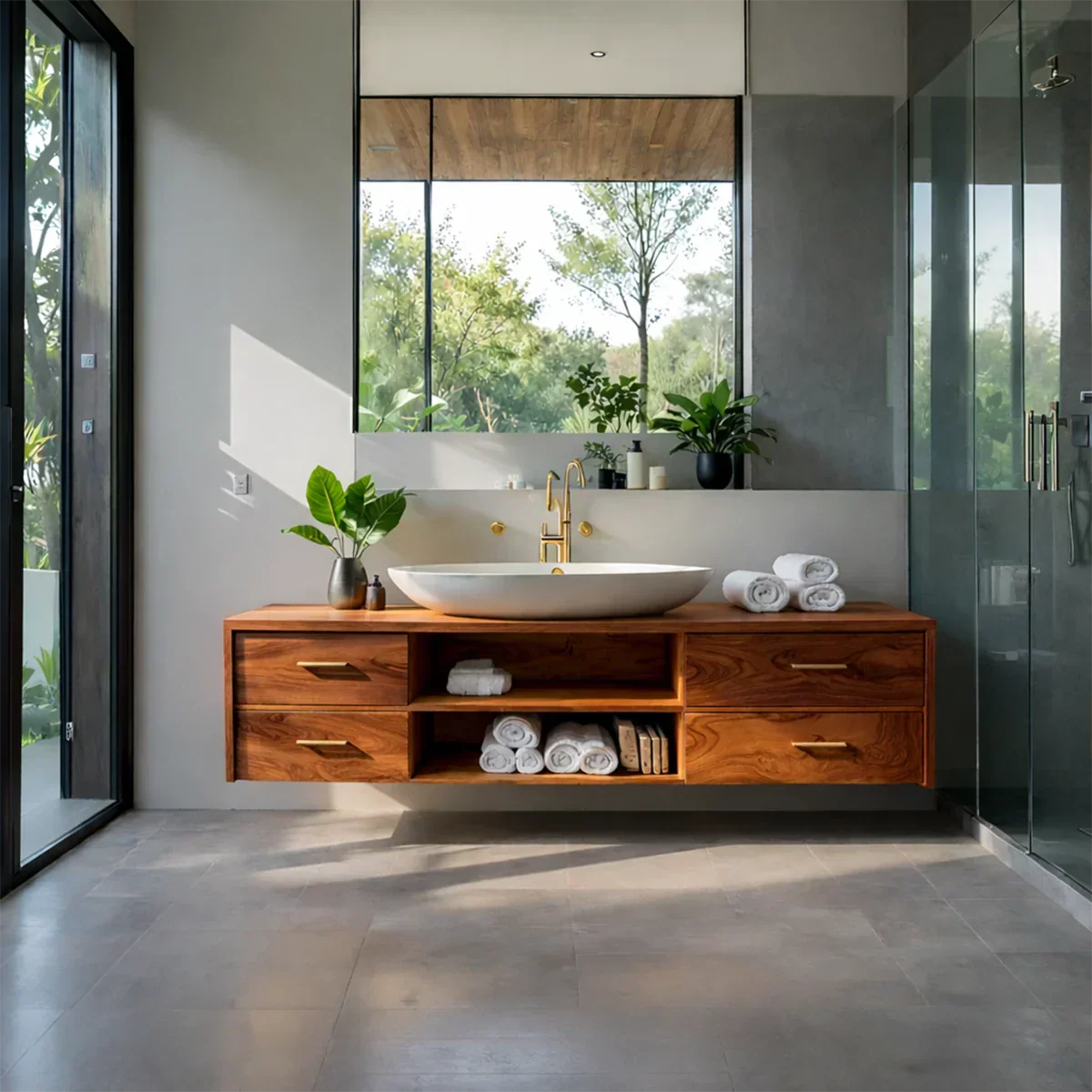 Floating Solid Wood Bathroom Vanity – Modern Vanity with Drawers and Open Shelf - Rustirawood