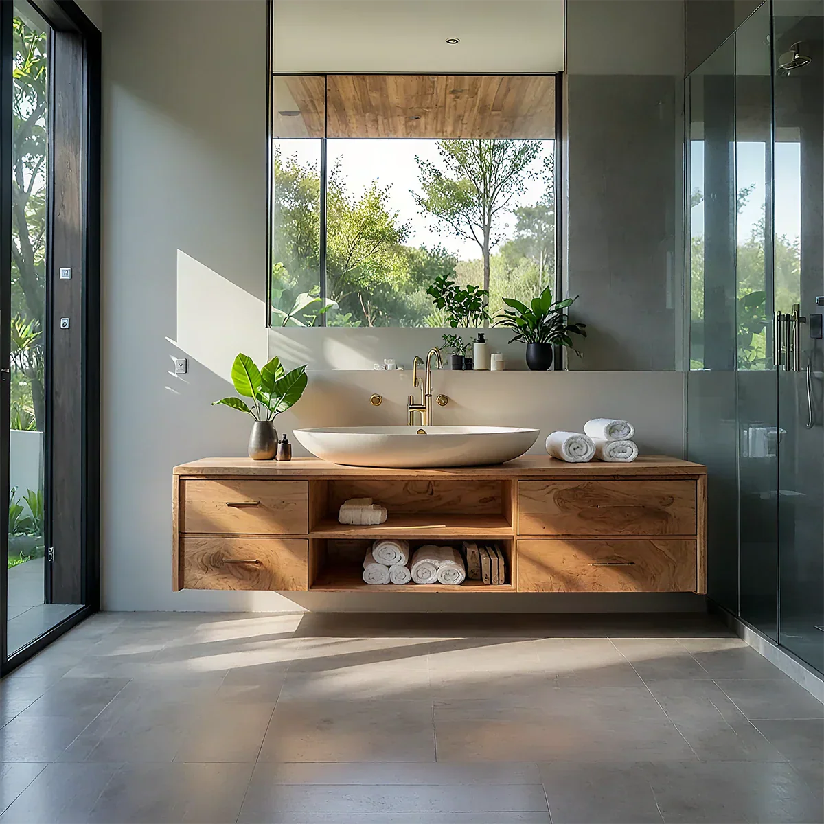 Floating Solid Wood Bathroom Vanity – Modern Vanity with Drawers and Open Shelf - Rustirawood