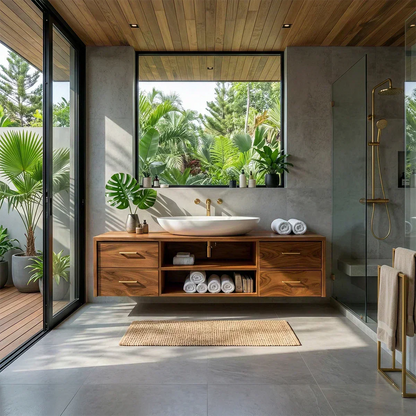 Floating Solid Wood Bathroom Vanity – Modern Vanity with Drawers and Open Shelf - Woodenecho