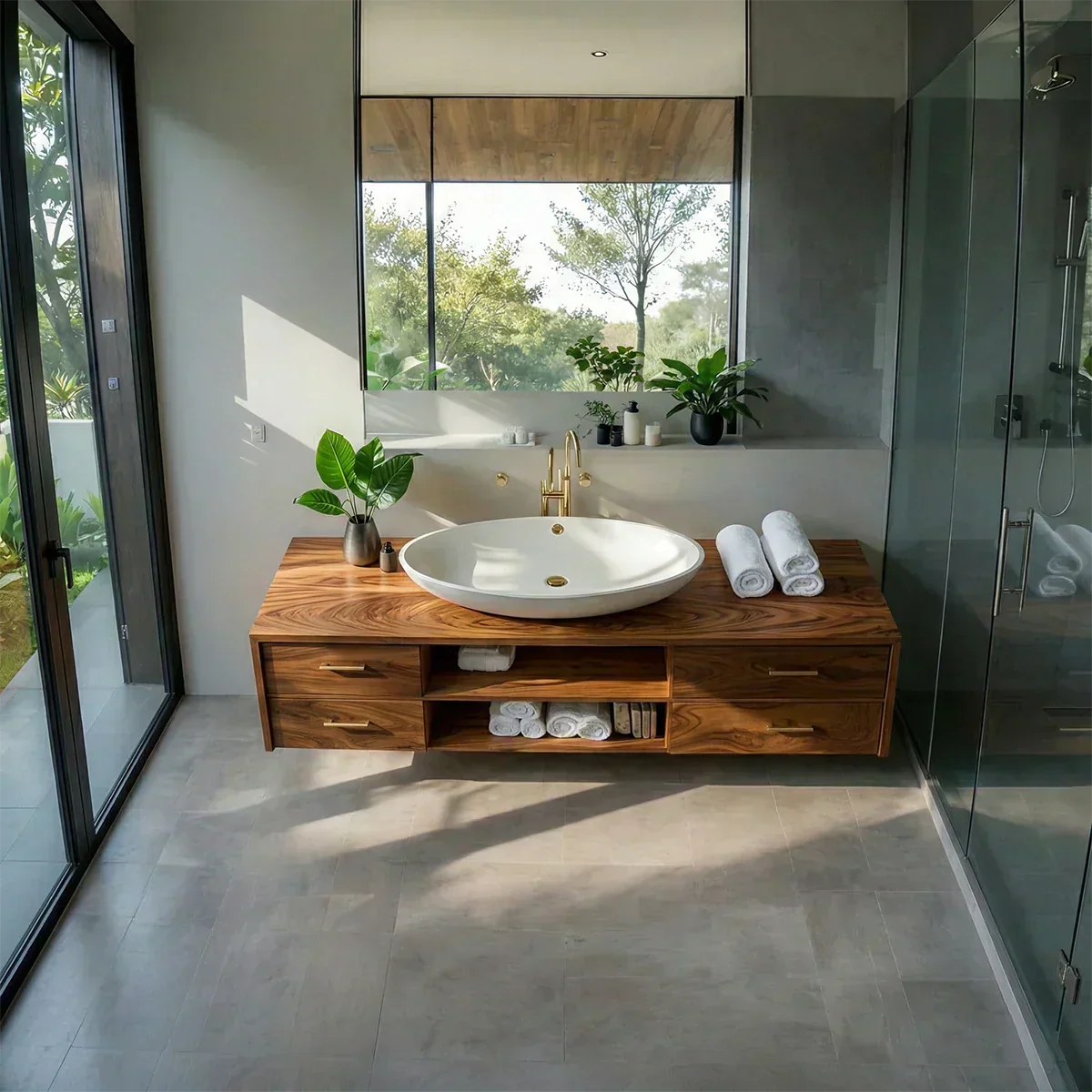Floating Solid Wood Bathroom Vanity – Modern Vanity with Drawers and Open Shelf - Woodenecho