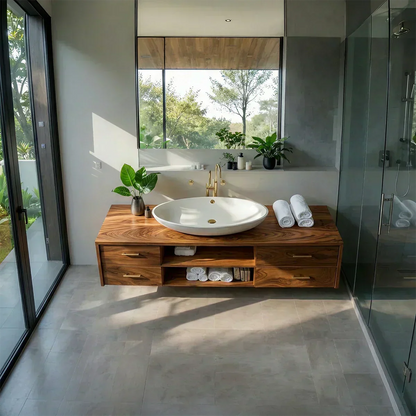 Floating Solid Wood Bathroom Vanity – Modern Vanity with Drawers and Open Shelf - Woodenecho