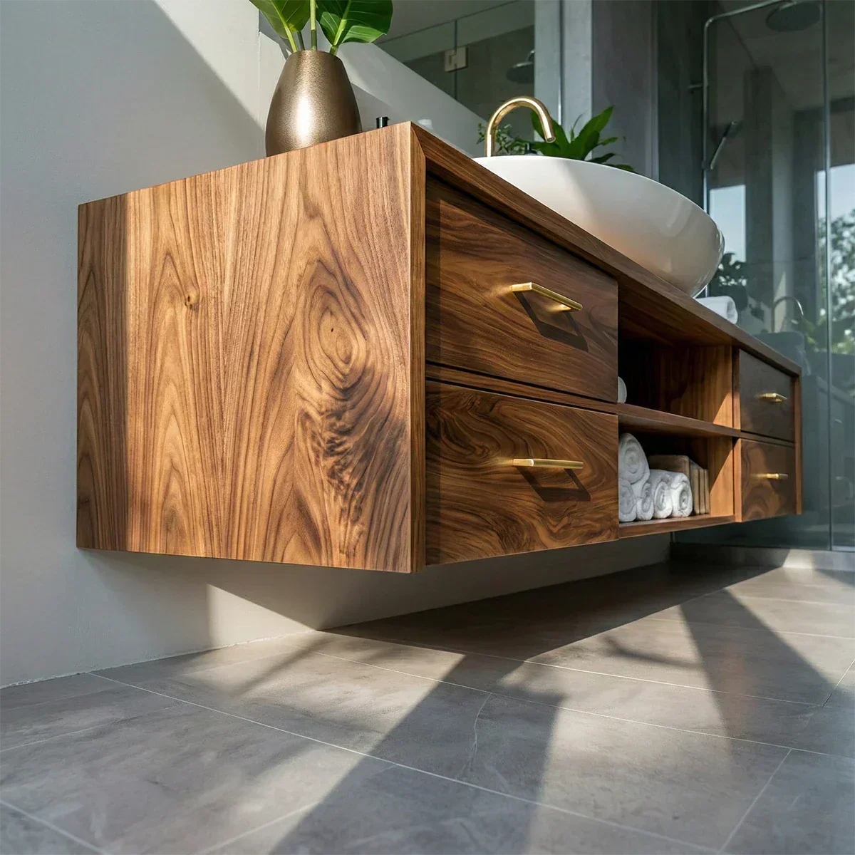 Floating Solid Wood Bathroom Vanity – Modern Vanity with Drawers and Open Shelf - Woodenecho