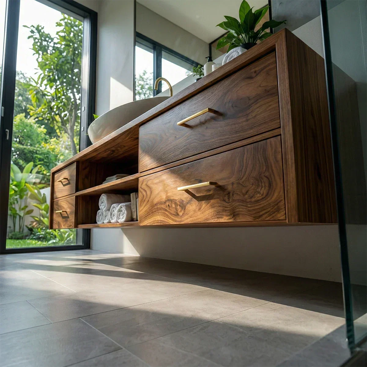 Floating Solid Wood Bathroom Vanity – Modern Vanity with Drawers and Open Shelf - Woodenecho
