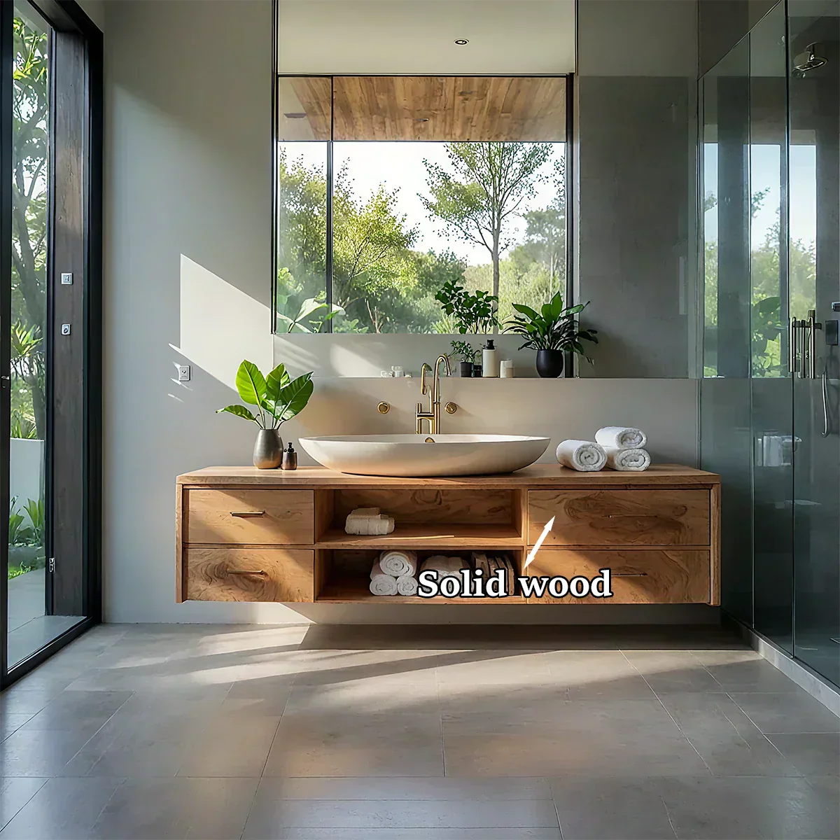 Floating Solid Wood Bathroom Vanity – Modern Vanity with Drawers and Open Shelf - Woodenecho