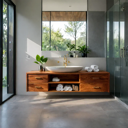 Floating Solid Wood Bathroom Vanity – Modern Vanity with Drawers and Open Shelf - Woodenecho