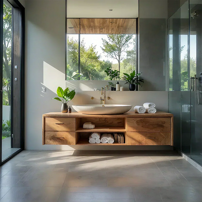 Floating Solid Wood Bathroom Vanity – Modern Vanity with Drawers and Open Shelf - Woodenecho