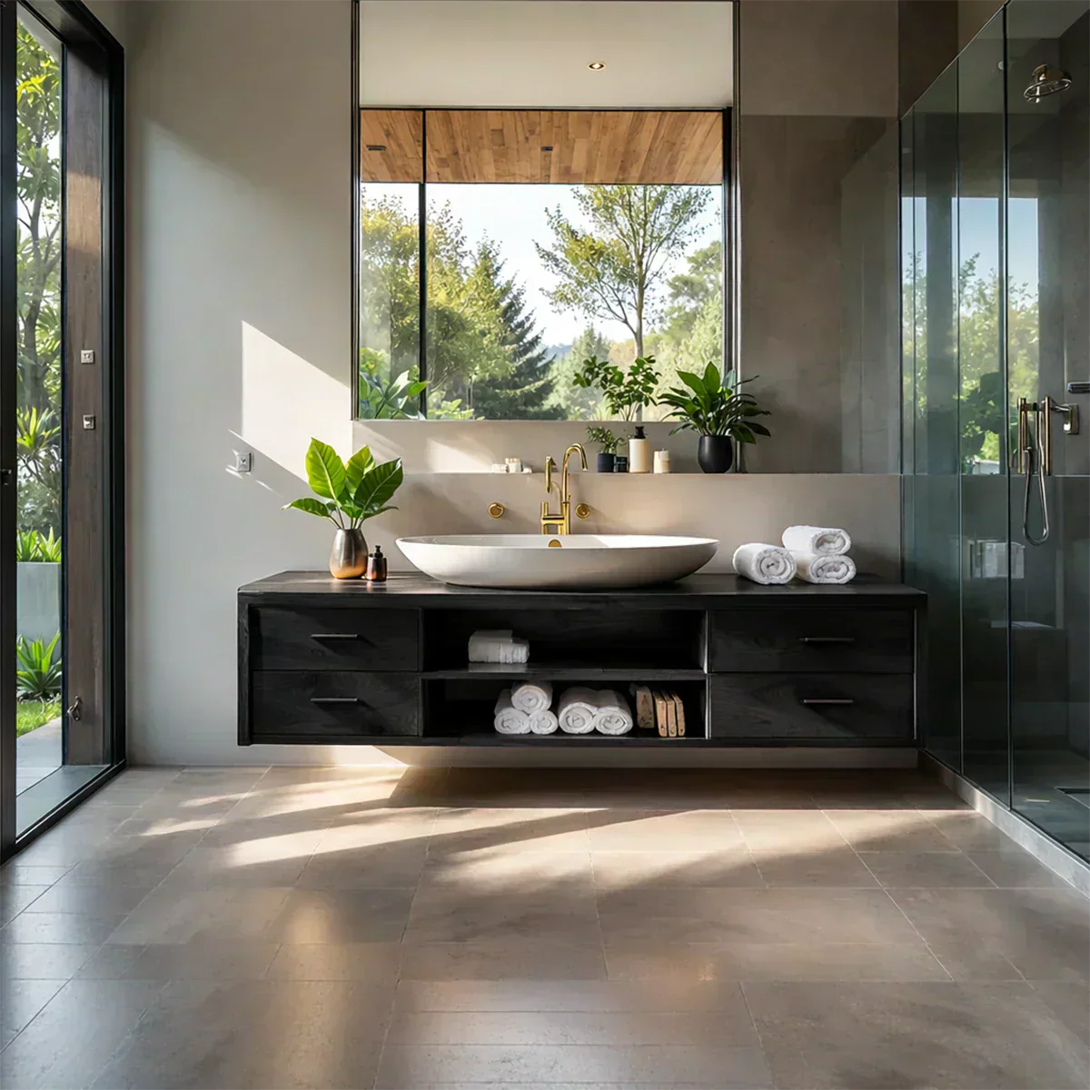 Floating Solid Wood Bathroom Vanity – Modern Vanity with Drawers and Open Shelf - Woodenecho