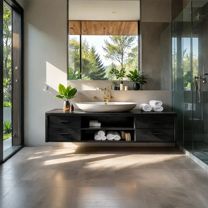 Floating Solid Wood Bathroom Vanity – Modern Vanity with Drawers and Open Shelf - Woodenecho