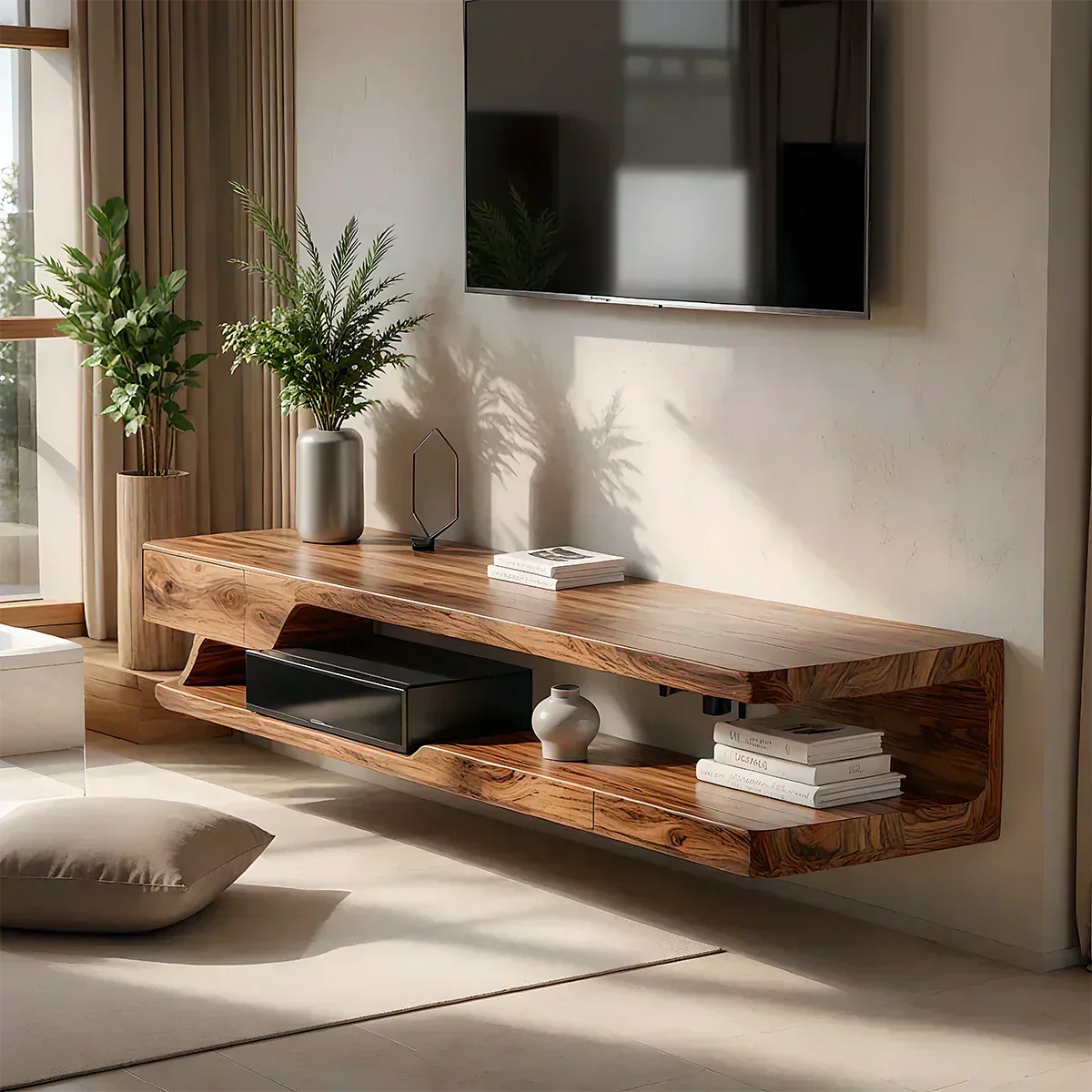 Floating Solid Wood TV Stand – Minimal Organic Modern Wall-Mounted Console - Woodenecho
