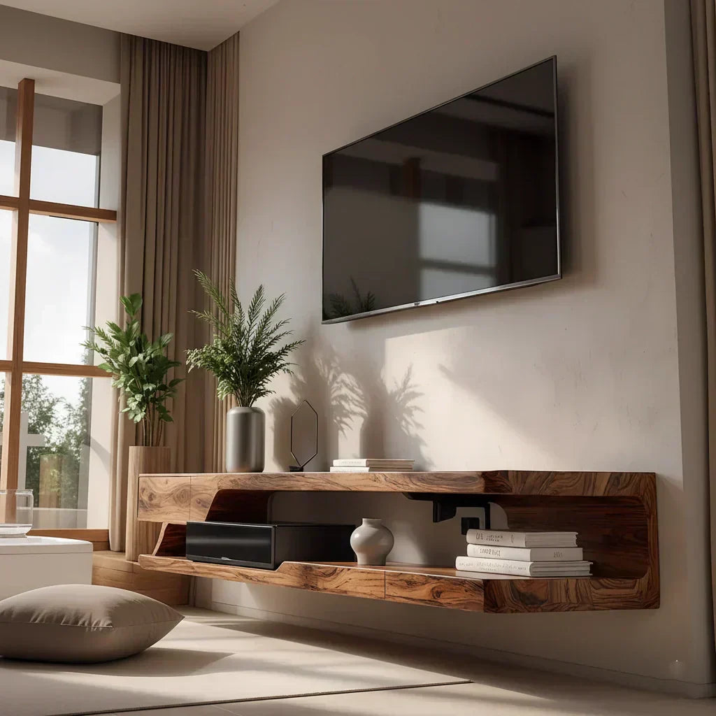 Floating Solid Wood TV Stand – Minimal Organic Modern Wall-Mounted Console - Woodenecho