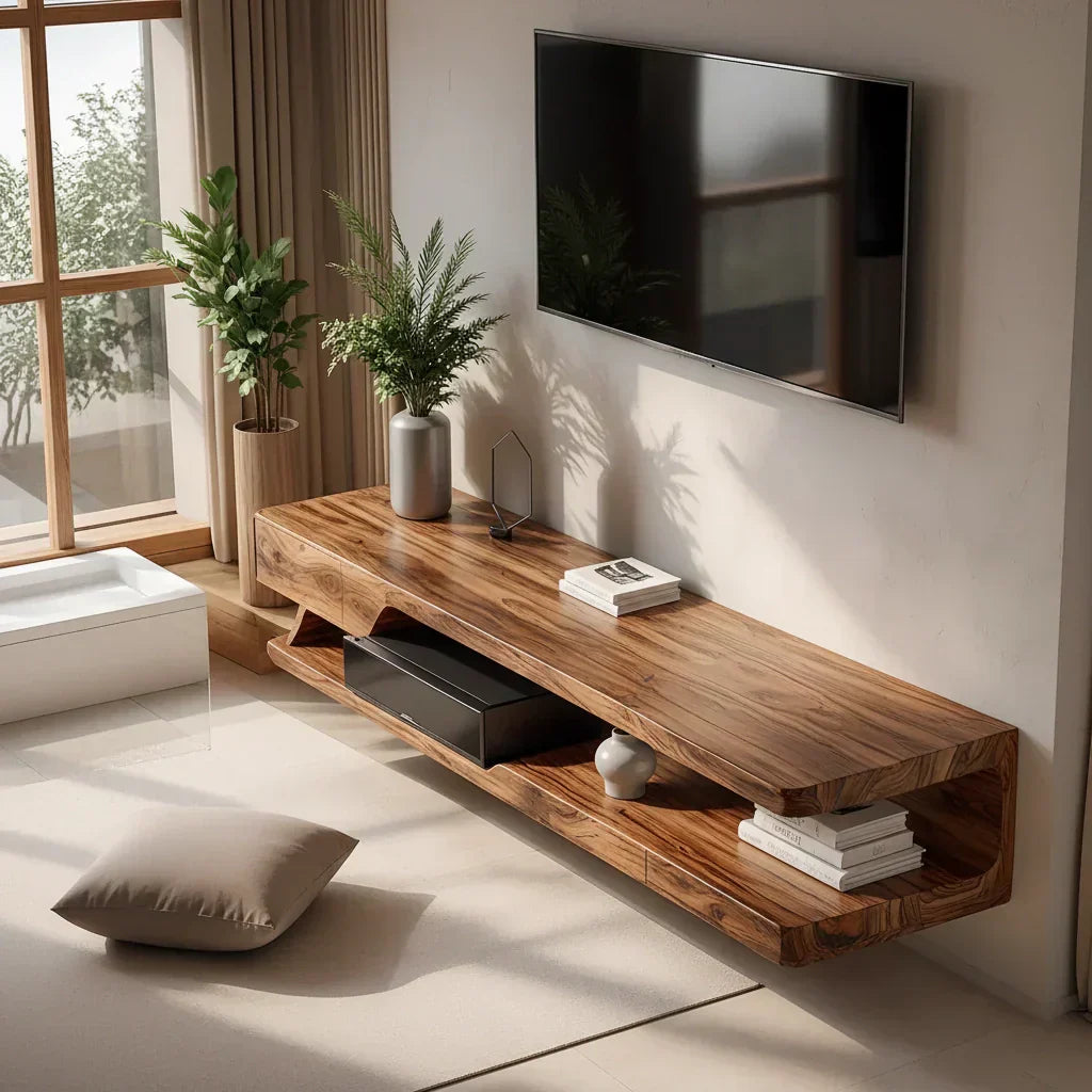 Floating Solid Wood TV Stand – Minimal Organic Modern Wall-Mounted Console - Woodenecho