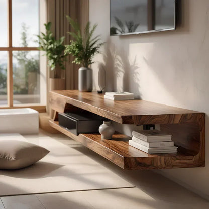 Floating Solid Wood TV Stand – Minimal Organic Modern Wall-Mounted Console - Woodenecho