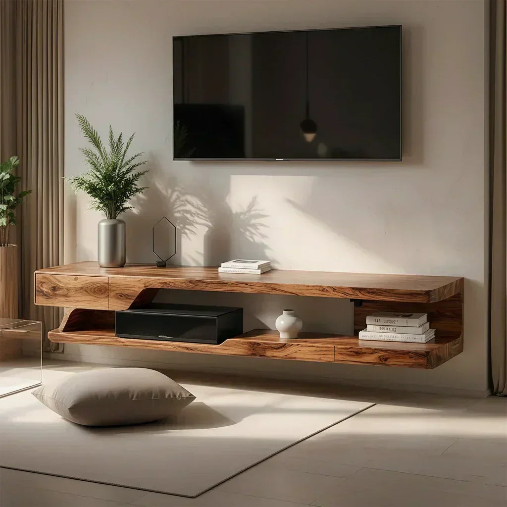 Floating Solid Wood TV Stand – Minimal Organic Modern Wall-Mounted Console - Woodenecho