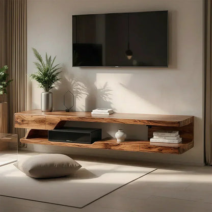 Floating Solid Wood TV Stand – Minimal Organic Modern Wall-Mounted Console - Woodenecho