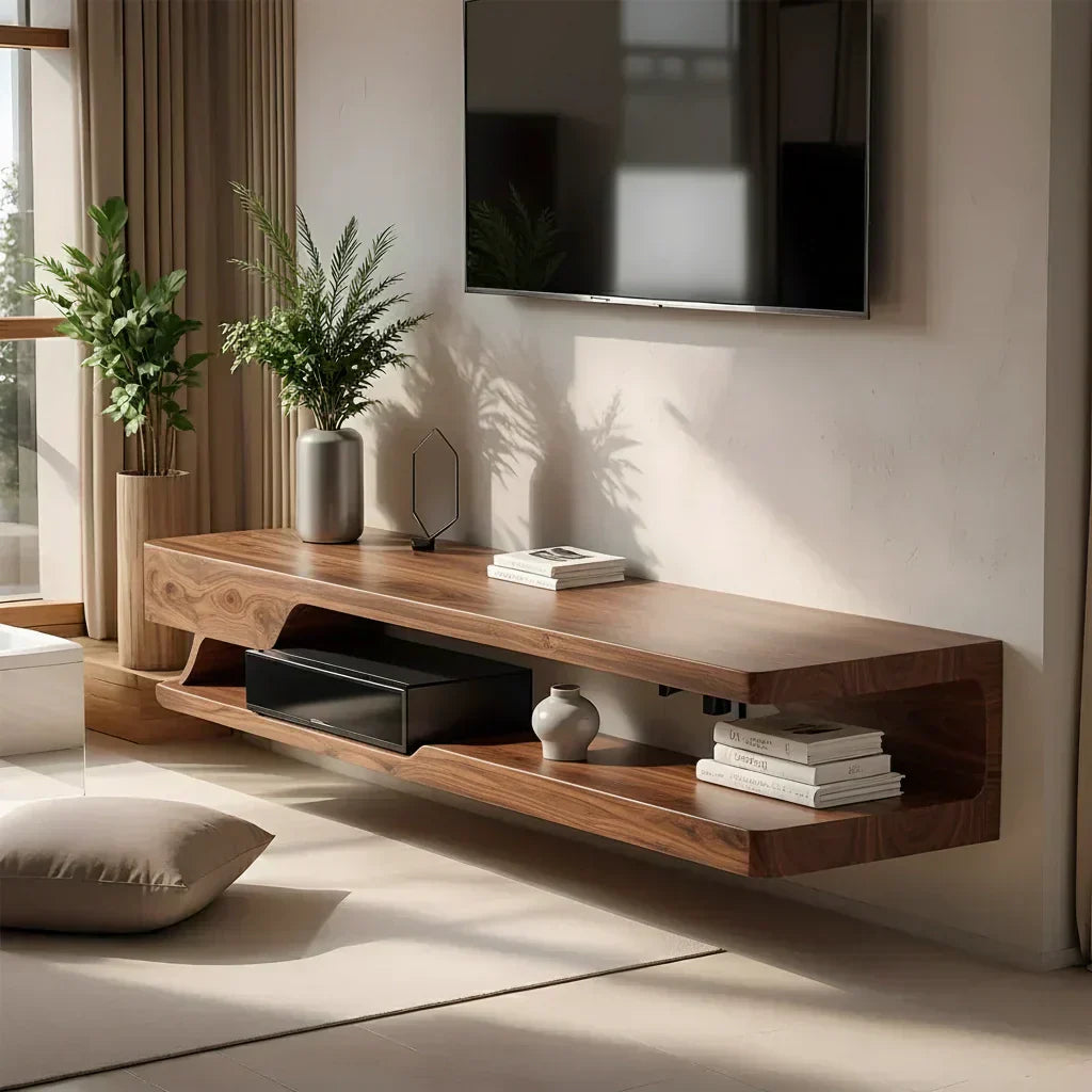 Floating Solid Wood TV Stand – Minimal Organic Modern Wall-Mounted Console - Woodenecho