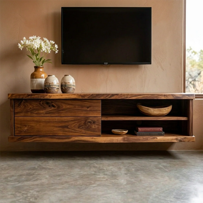 Floating Solid Wood TV Stand with Dual Shelf Storage and Clean Modern Form - Rustirawood