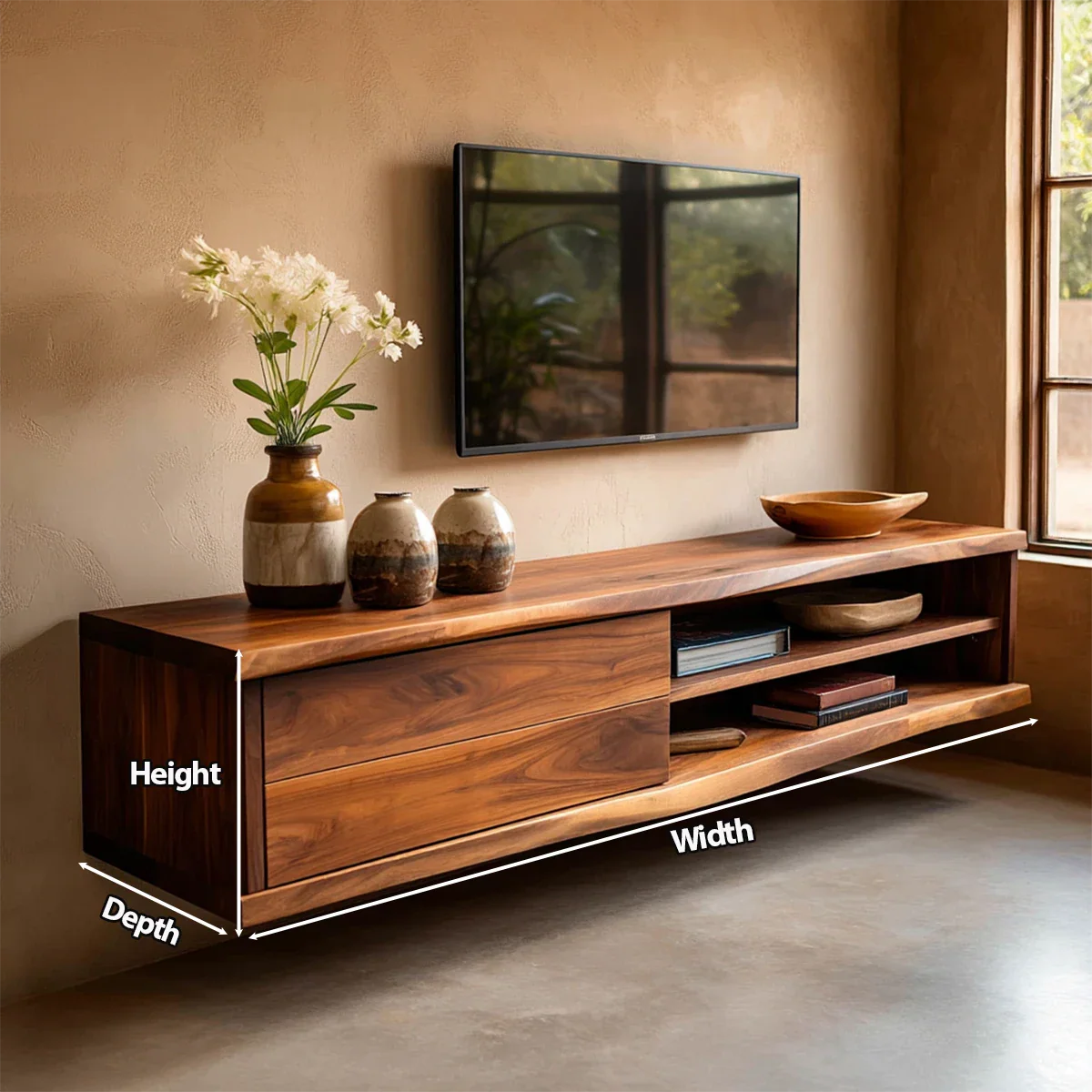 Floating Solid Wood TV Stand with Dual Shelf Storage and Clean Modern Form - Rustirawood