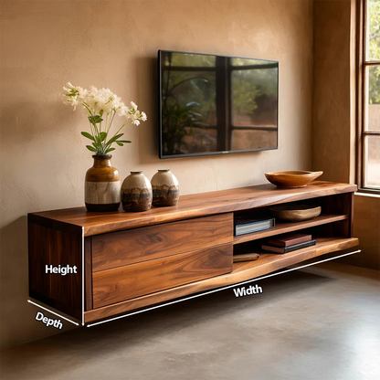Floating Solid Wood TV Stand with Dual Shelf Storage and Clean Modern Form - Rustirawood