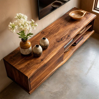 Floating Solid Wood TV Stand with Dual Shelf Storage and Clean Modern Form - Woodenecho