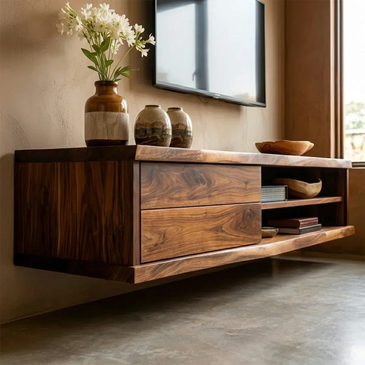 Floating Solid Wood TV Stand with Dual Shelf Storage and Clean Modern Form - Woodenecho