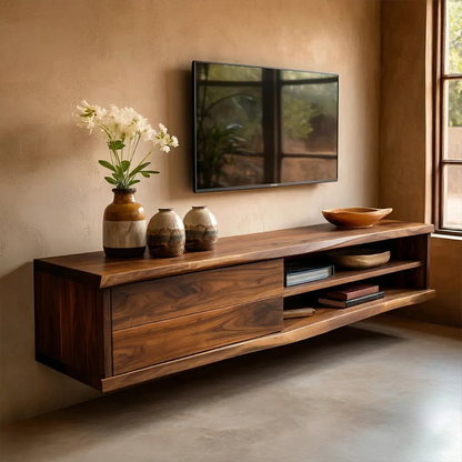 Floating Solid Wood TV Stand with Dual Shelf Storage and Clean Modern Form - Woodenecho