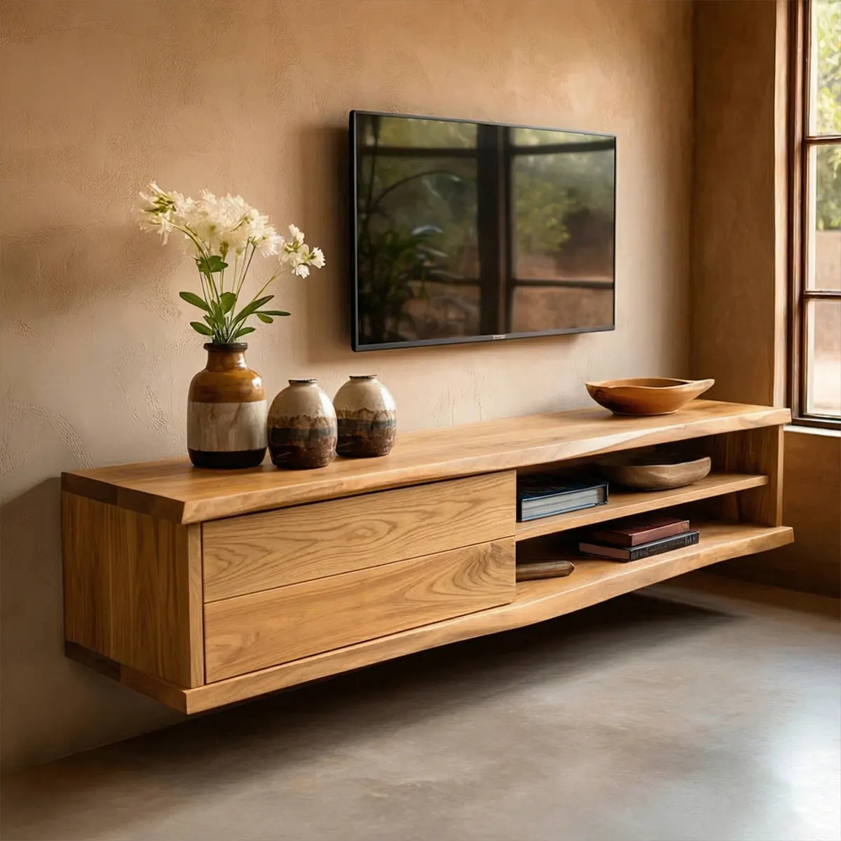 Floating Solid Wood TV Stand with Dual Shelf Storage and Clean Modern Form - Woodenecho