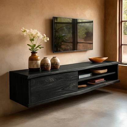 Floating Solid Wood TV Stand with Dual Shelf Storage and Clean Modern Form - Woodenecho
