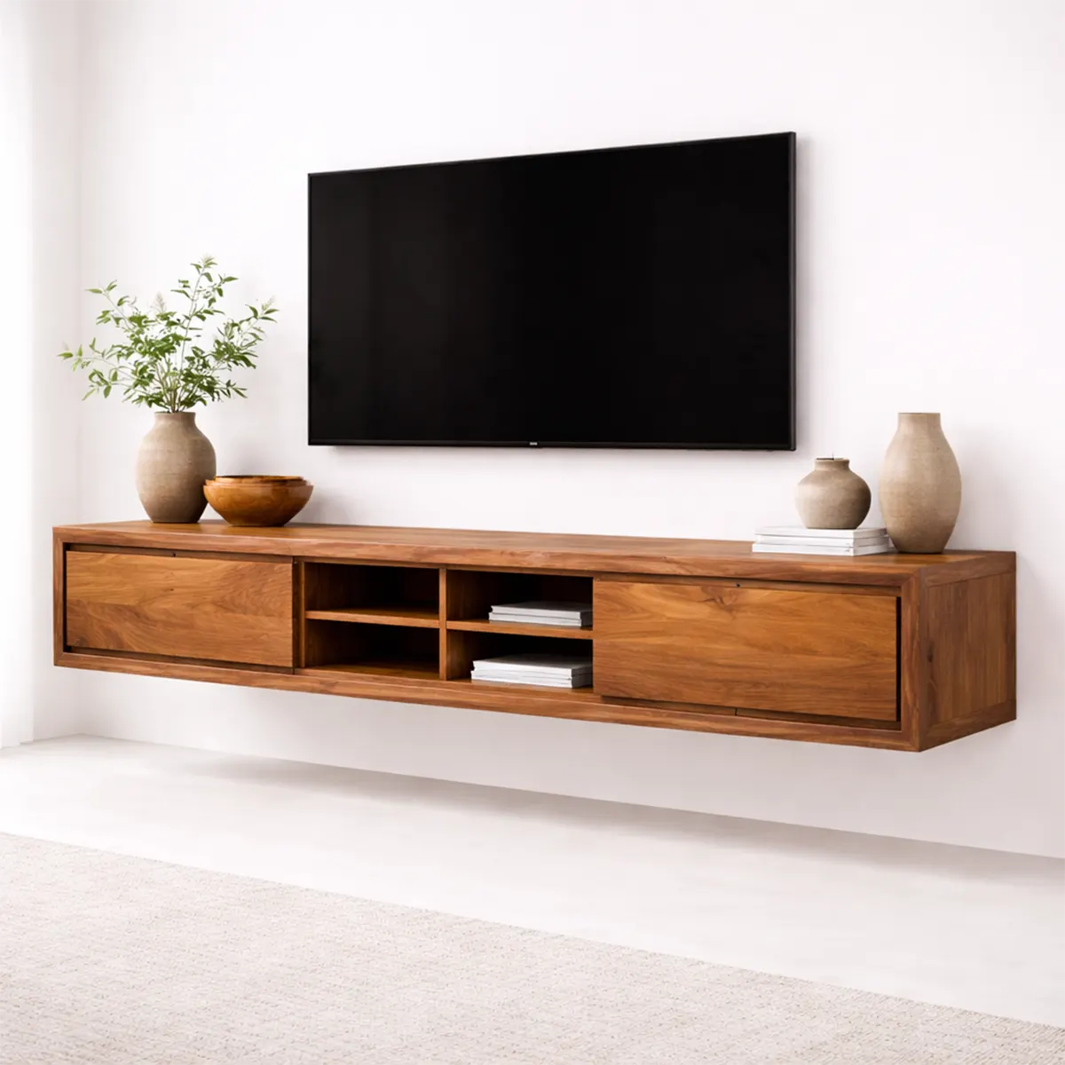 Floating Solid Wood TV Stand with Open Shelving Minimalist Media Console - Rustirawood