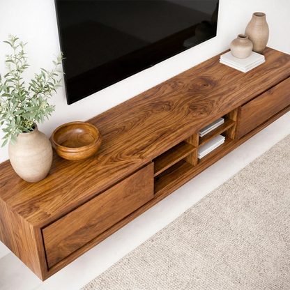 Floating Solid Wood TV Stand with Open Shelving Minimalist Media Console - Rustirawood