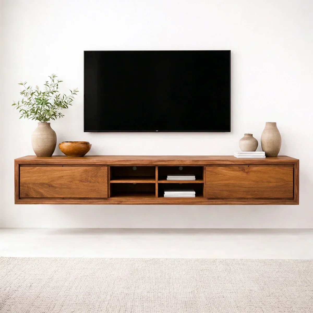 Floating Solid Wood TV Stand with Open Shelving Minimalist Media Console - Woodenecho