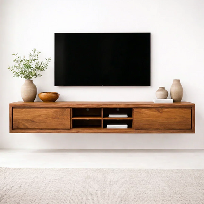 Floating Solid Wood TV Stand with Open Shelving Minimalist Media Console - Woodenecho