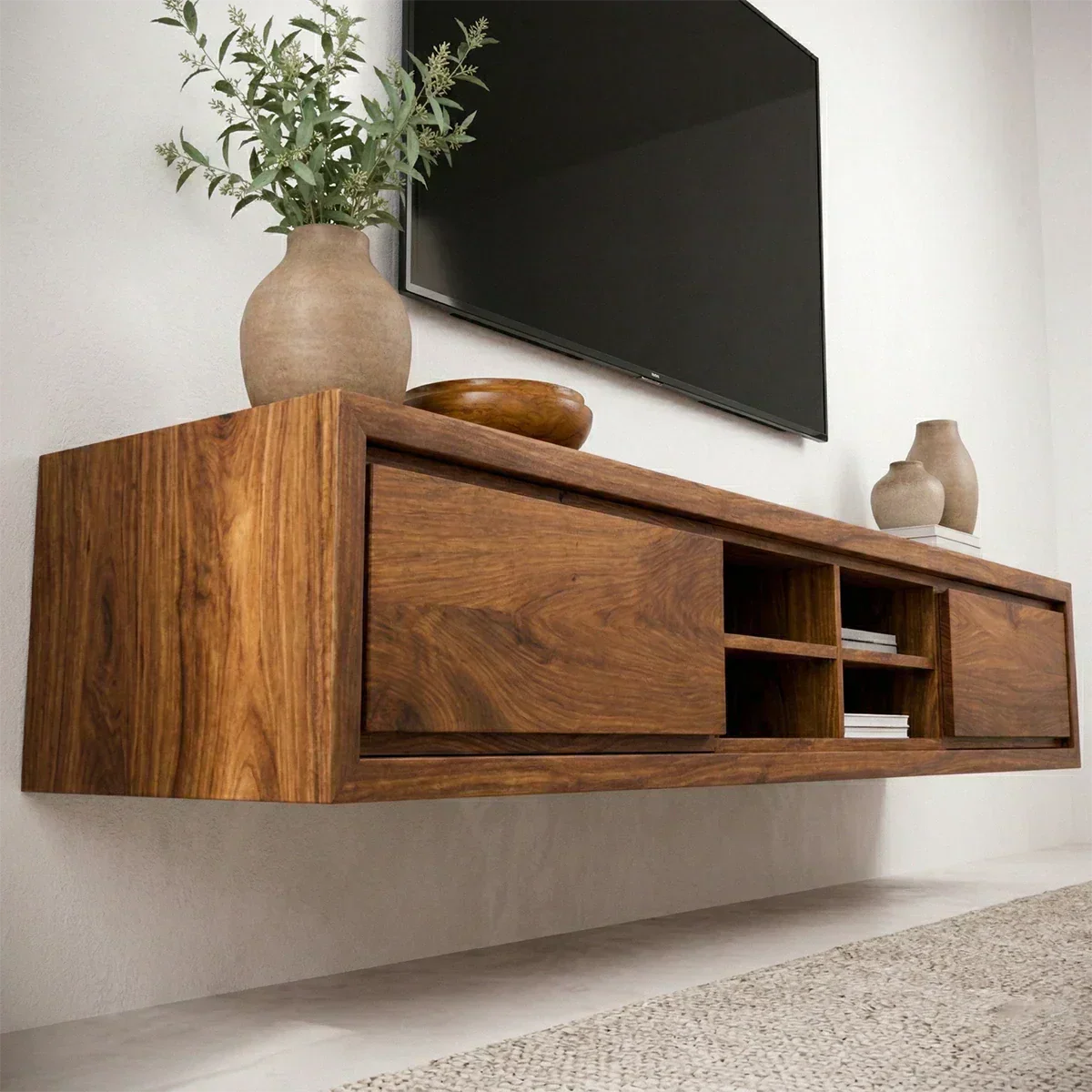 Floating Solid Wood TV Stand with Open Shelving Minimalist Media Console - Woodenecho
