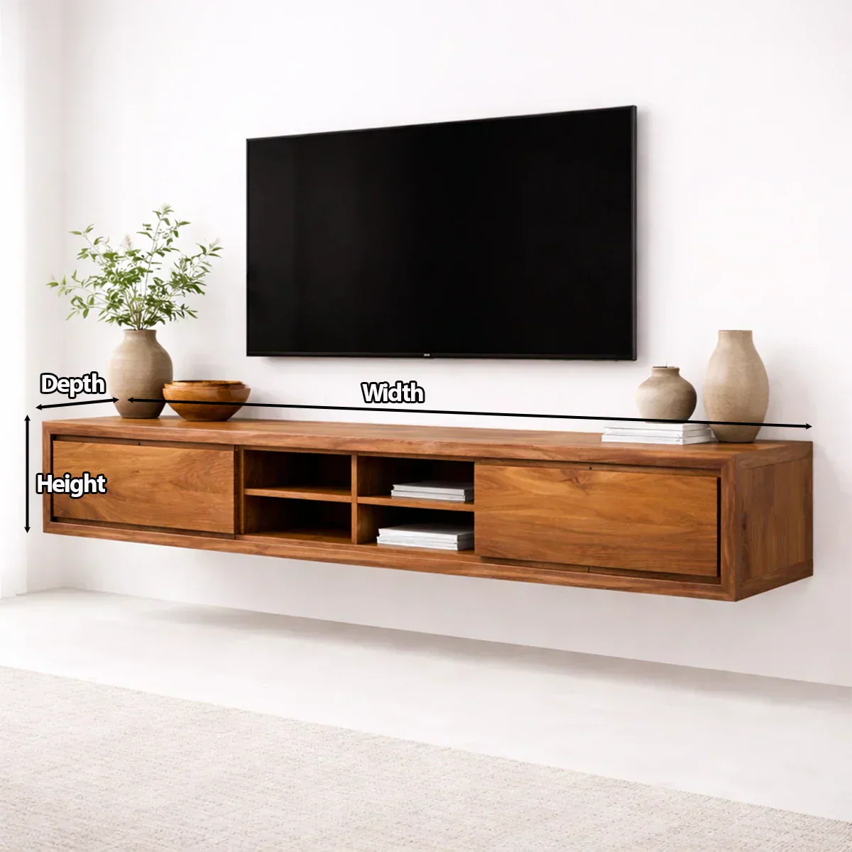 Floating Solid Wood TV Stand with Open Shelving Minimalist Media Console - Woodenecho