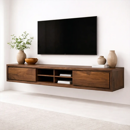 Floating Solid Wood TV Stand with Open Shelving Minimalist Media Console - Woodenecho