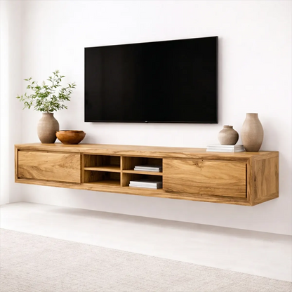 Floating Solid Wood TV Stand with Open Shelving Minimalist Media Console - Woodenecho
