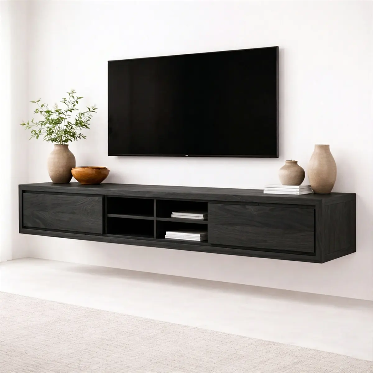 Floating Solid Wood TV Stand with Open Shelving Minimalist Media Console - Woodenecho
