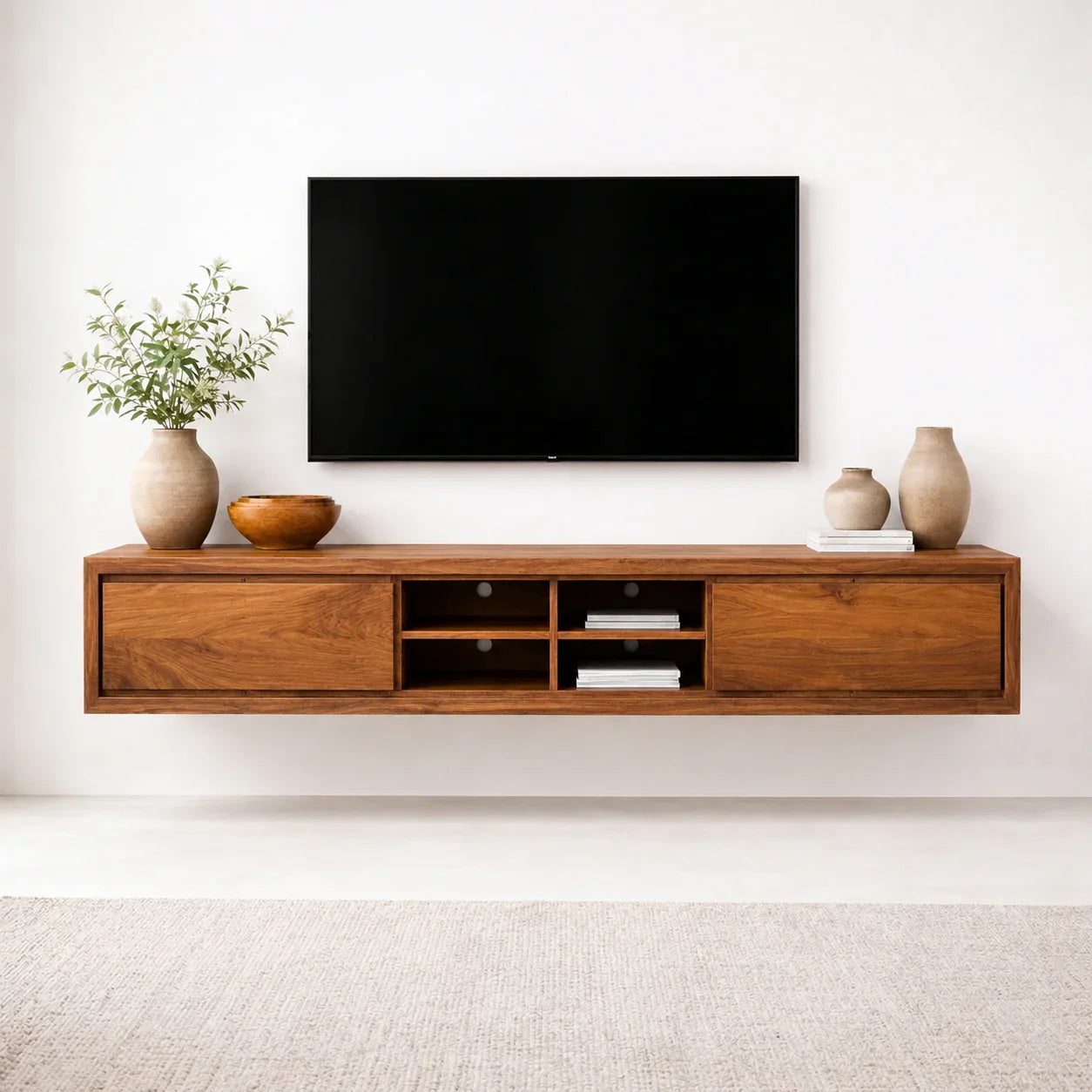 Floating Solid Wood TV Stand with Open Shelving Minimalist Media Console - Woodenecho